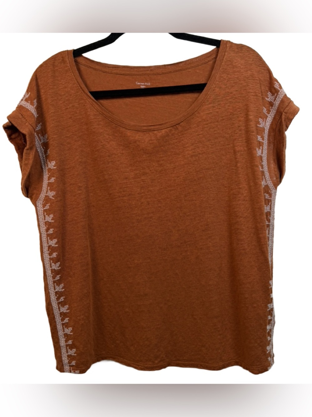 Garnet Hill Organic Linen Rust Scoop Neck Short Sleeve Tee with Side Embroidery